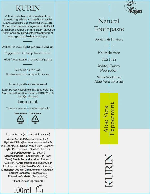 Kurin Fluoride Free Natural Aloe Vera Peppermint Toothpaste 100ml ingredients and how to use
