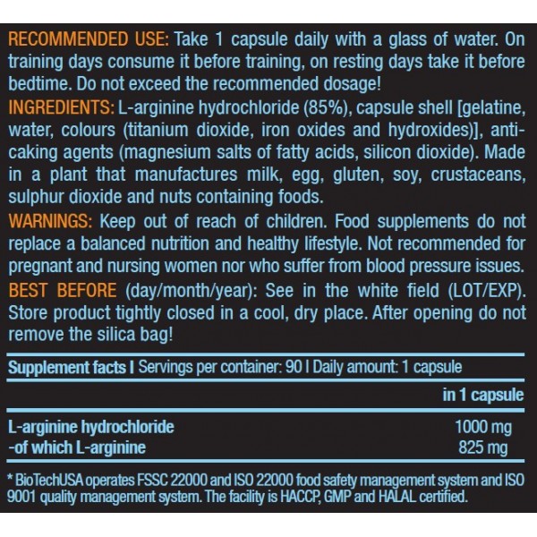 Supplement facts label showing 1000mg L-Arginine HCI per serving.