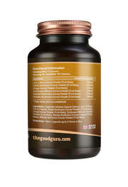 Supplement facts label for The Good Guru 6-Mushroom Complex, showing Lion's Mane, Reishi, Chaga, etc., 90 count.