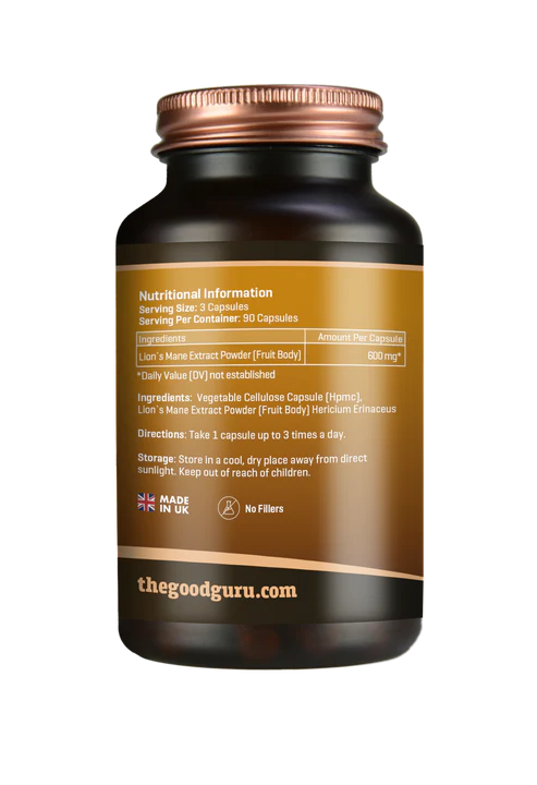 Supplement facts label for The Good Guru Lion's Mane Extract, 600mg, 90 count.