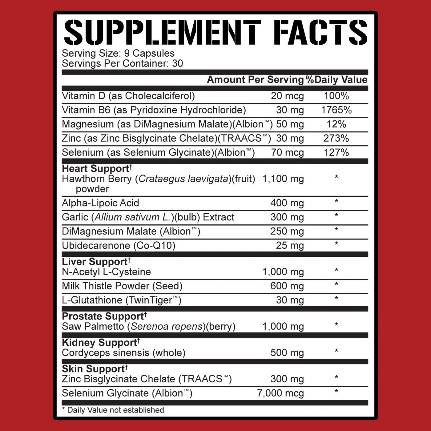 Supplement facts panel for 5% Nutrition support complex showing ingredient list.