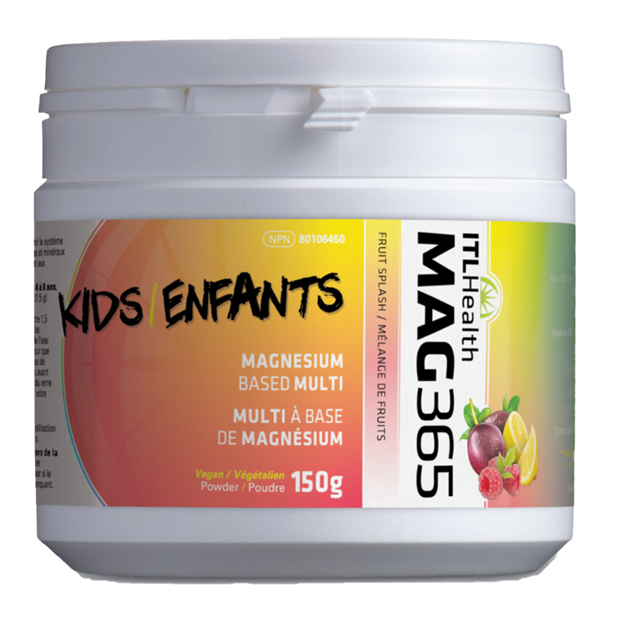 MAG365 Kids Magnesium Multi Powder tub, Fruit Splash flavour, 150g.