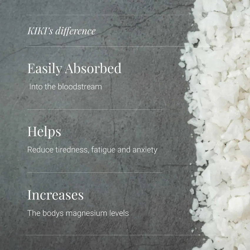 Supplement facts & ingredients image: KIKI Health magnesium oil spray Zechstein ingredient panel bottle 125ml
