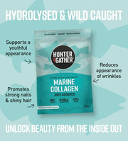 Hunter & Gather Marine Collagen package with text highlighting benefits on a teal background
