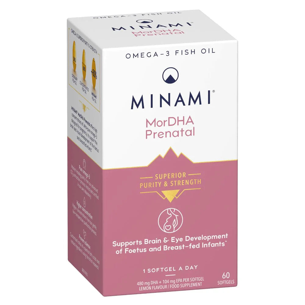 Minami MorDHA Prenatal Omega-3 softgels box showing lemon flavor and 480mg DHA.