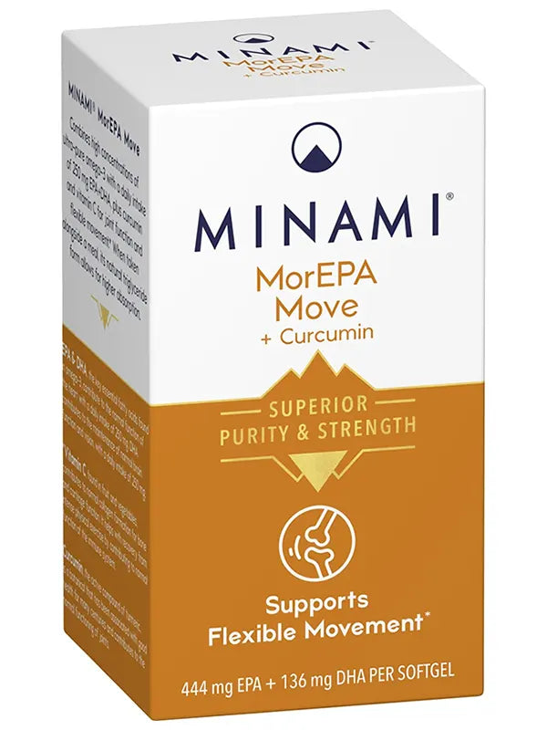 Minami MorEPA Move Plus supplement box with Omega-3 and Curcumin Meriva®, 60 softgels.