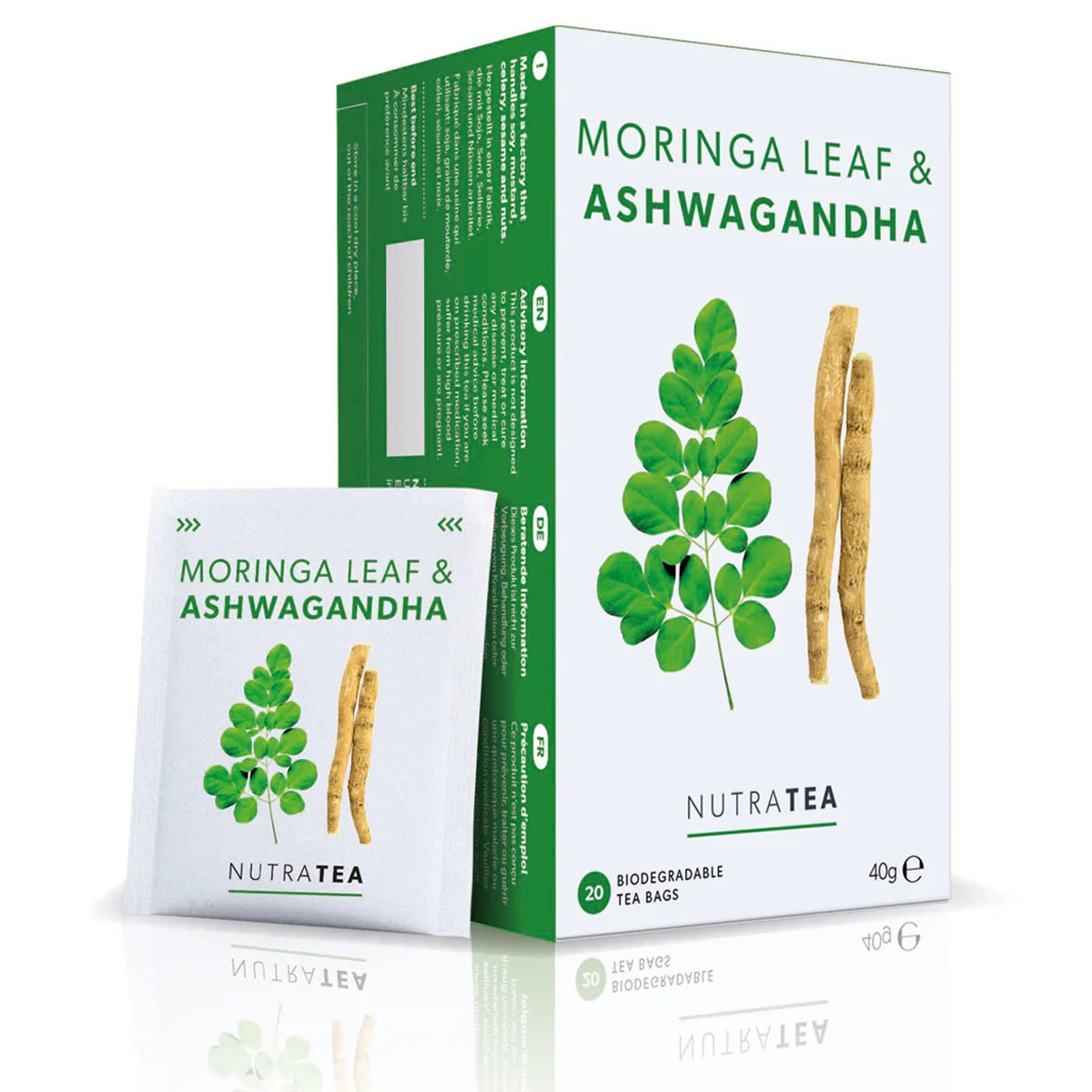 NutraTea Moringa Leaf & Ashwagandha packaging on a white background
