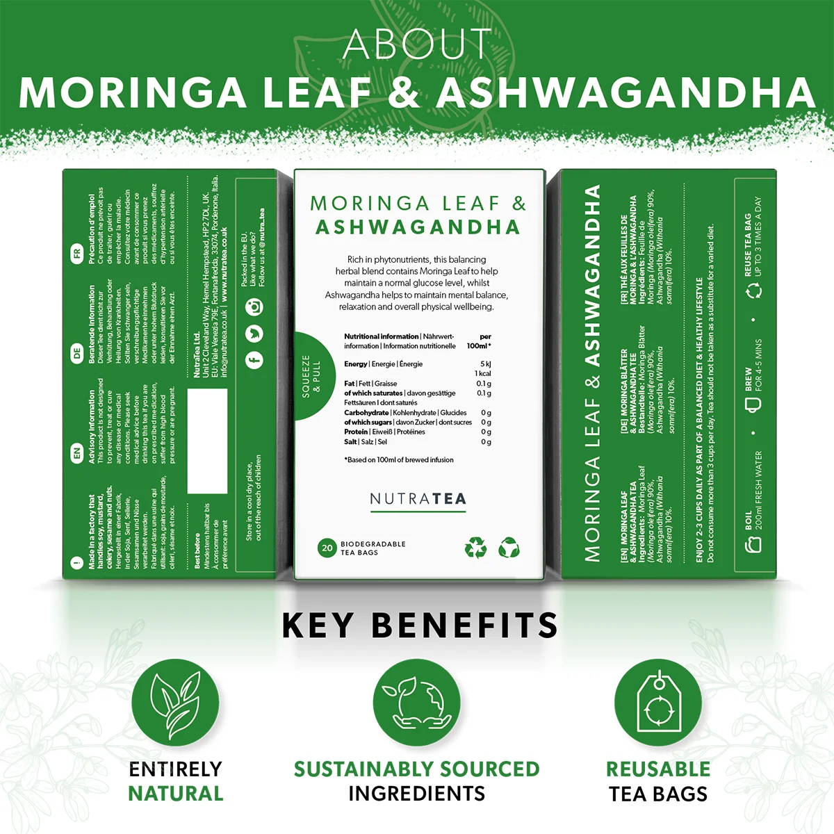 NutraTea Moringa Leaf & Ashwagandha packaging with key benefits highlighted.