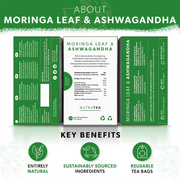 NutraTea Moringa Leaf & Ashwagandha packaging with key benefits highlighted.