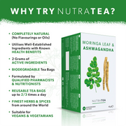 NutraTea Moringa Leaf & Ashwagandha tea box with promotional text on a green background