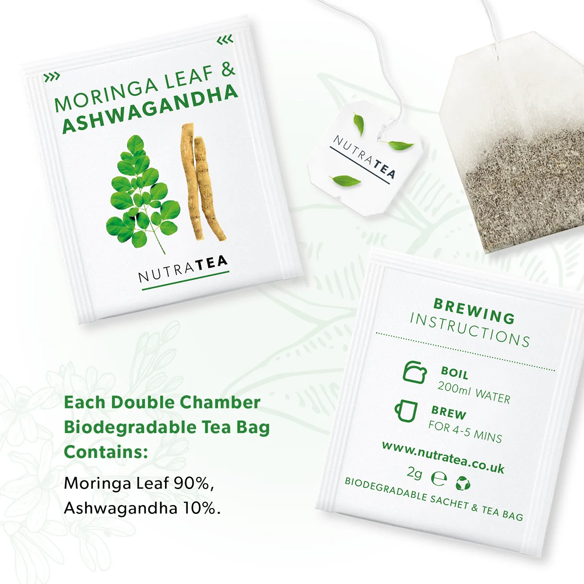 NutraTea Moringa Leaf & Ashwagandha tea bags with brewing instructions on a white background