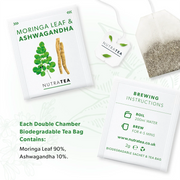 NutraTea Moringa Leaf & Ashwagandha tea bags with brewing instructions on a white background