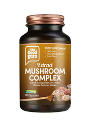 The Good Guru Mushroom Complex Extract bottle, 90 capsules, on white background.