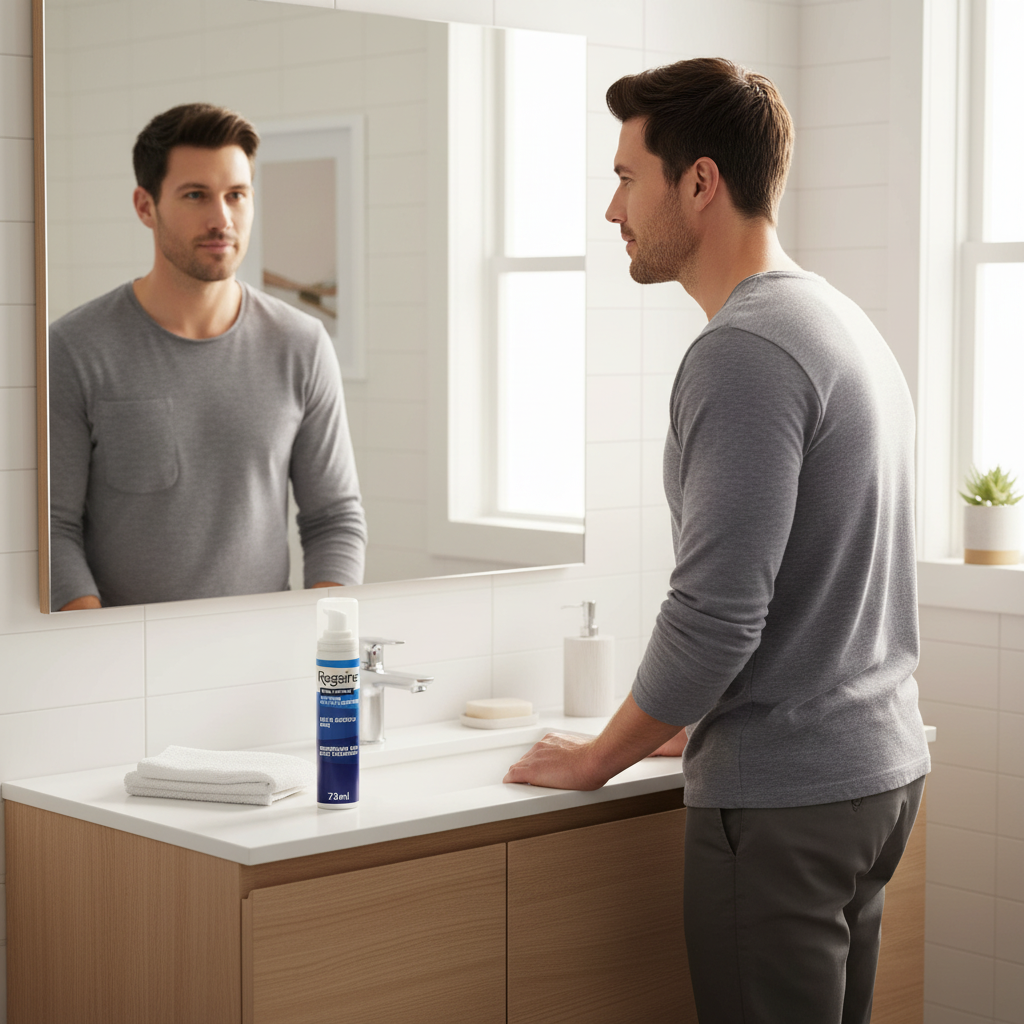 Man standing in a bathroom looking at himself in the mirror with a bottle of cleaning spray on the counter.