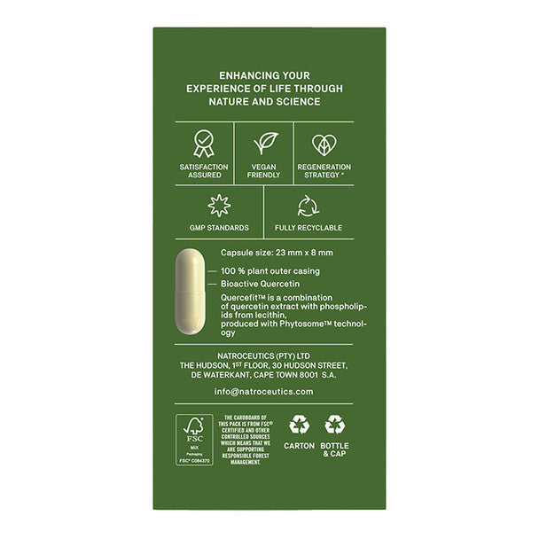 Back: Supplement facts and dosage info for Natroceutics Quercetin Bioactive capsules, bottle on white background.
