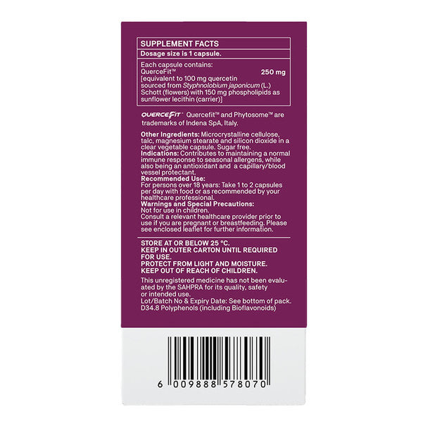 Back: Supplement facts and dosage info for Natroceutics Quercetin Bioactive capsules, bottle on white background.