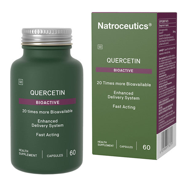 Front: Natroceutics Quercetin Bioactive bottle and box, 60 vegan capsules with Quercefit™, on white background.
