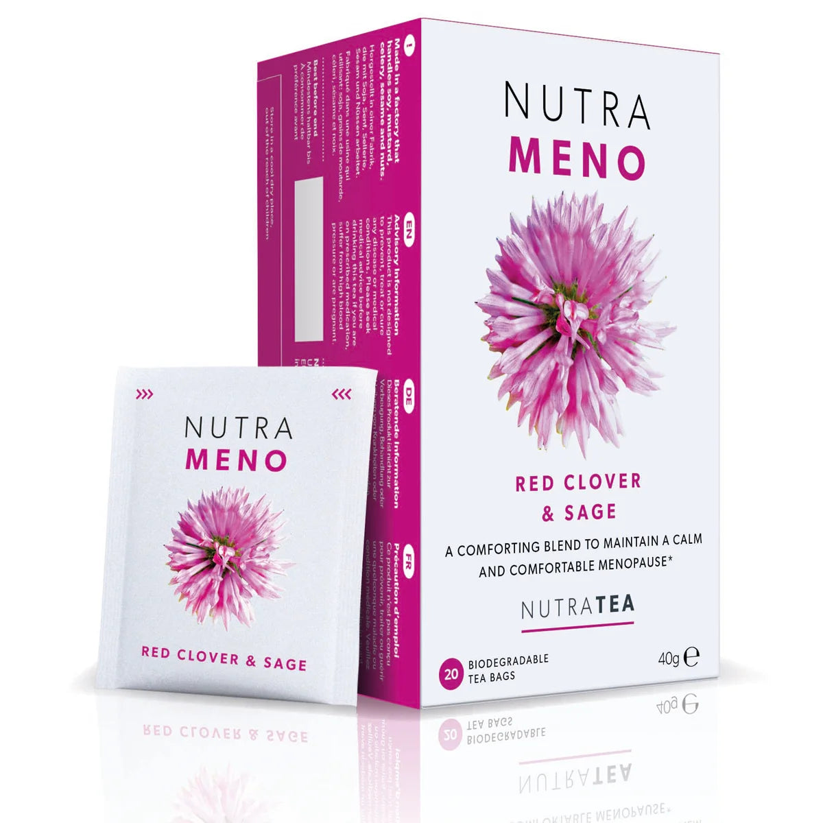 Nutra Meno tea packaging with pink flower design on a white background