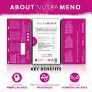 NutraMeno product packaging with key benefits on a pink background