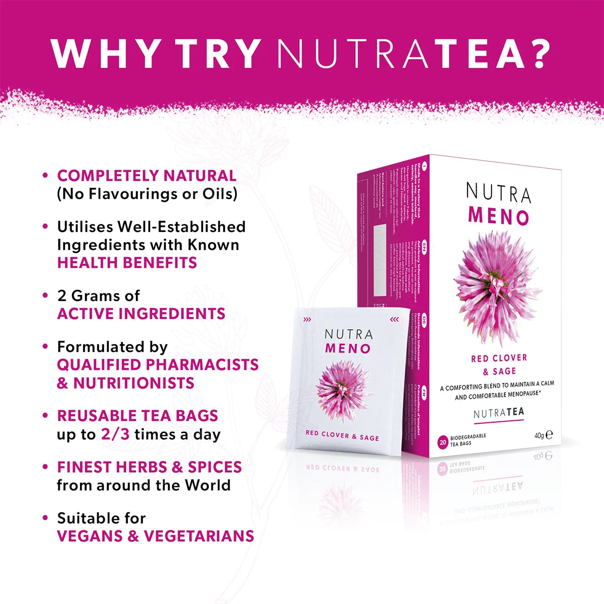 Promotional image of Nutra Meno tea packaging with health benefits listed.