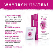 Promotional image of Nutra Meno tea packaging with health benefits listed.