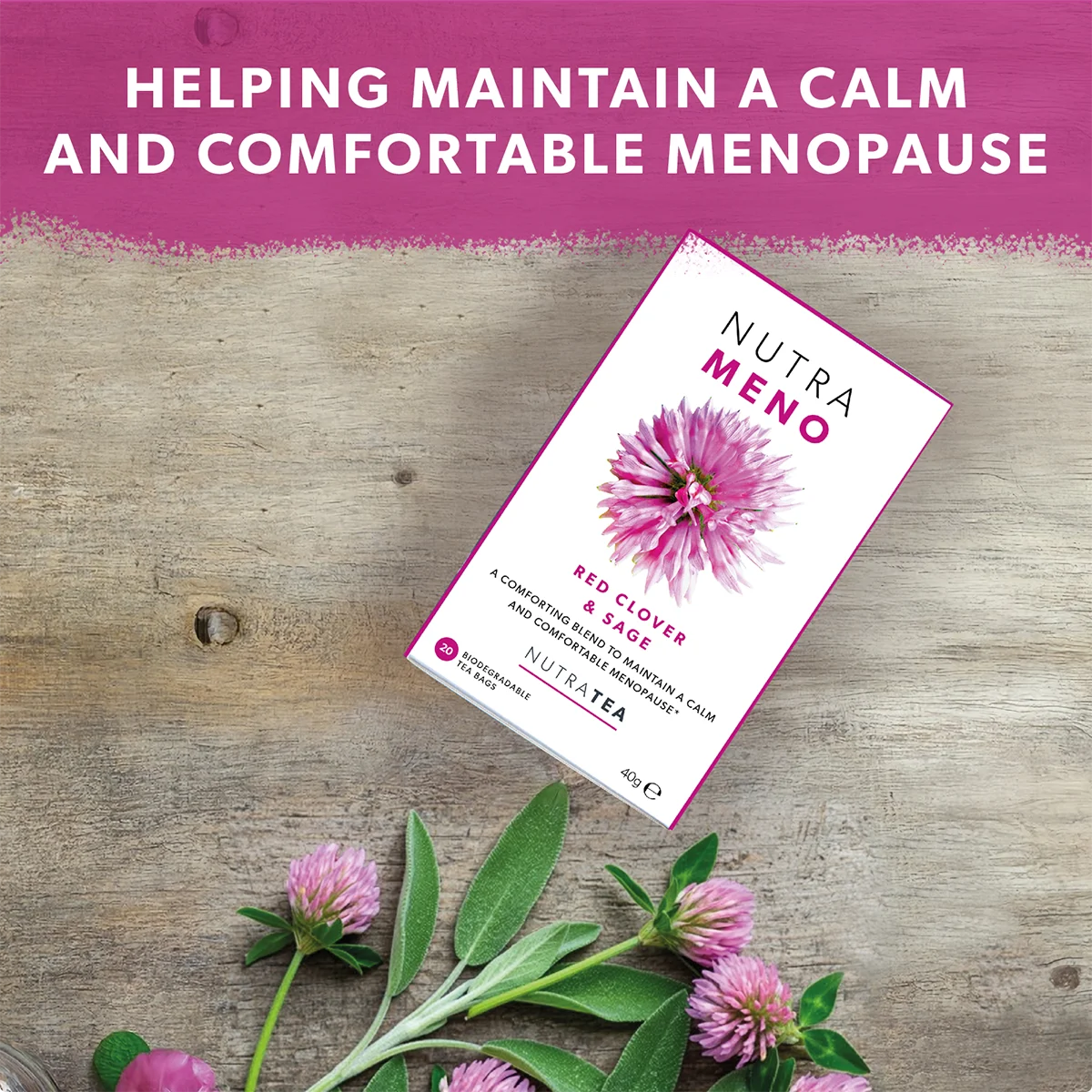 Nutra Meno product packaging with pink flowers on a wooden surface