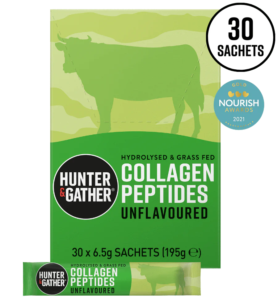 Packaging of Hunter & Gather Collagen Peptides with a green background and cow silhouette.