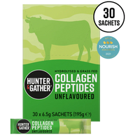 Packaging of Hunter & Gather Collagen Peptides with a green background and cow silhouette.