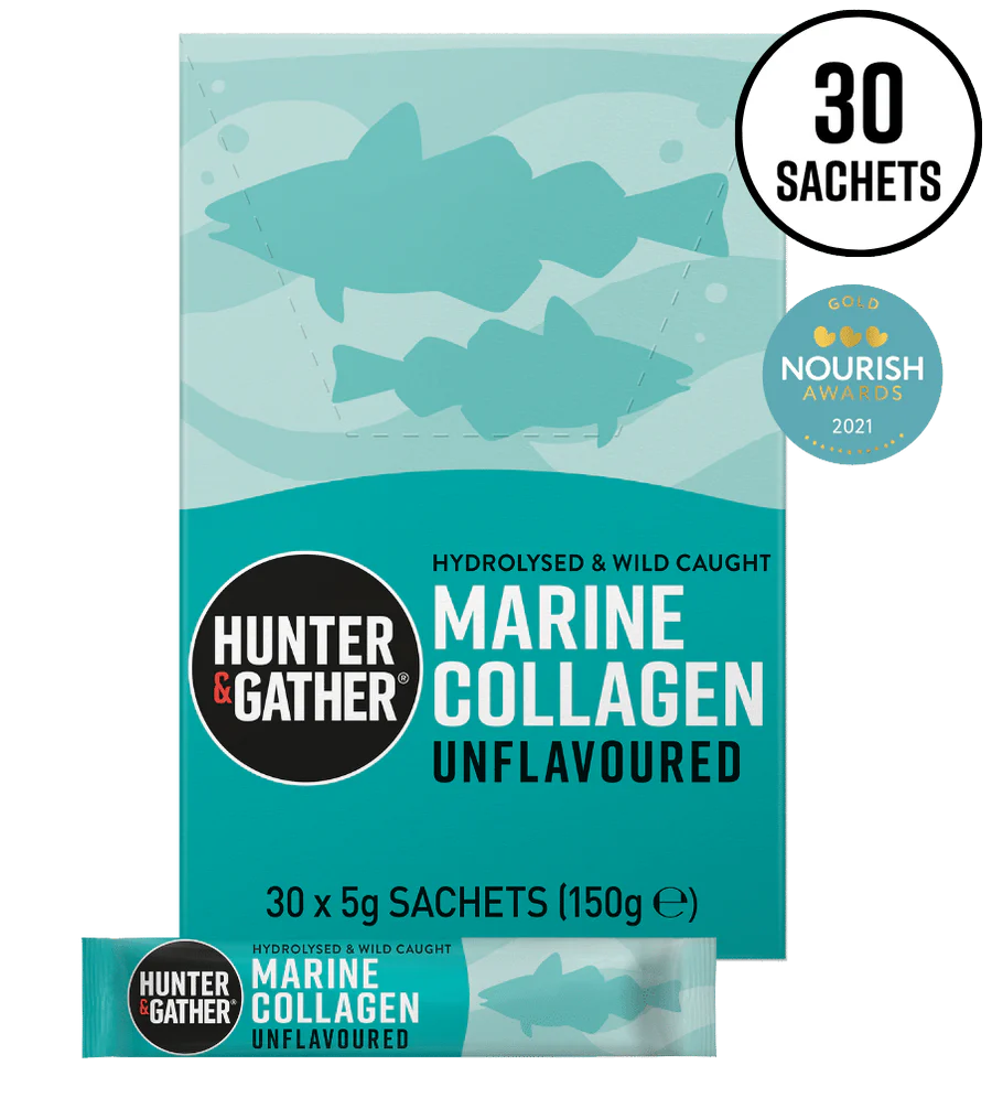Packaging of Hunter & Gather Marine Collagen with shark illustrations on a light blue background.