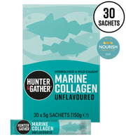 Packaging of Hunter & Gather Marine Collagen with shark illustrations on a light blue background.