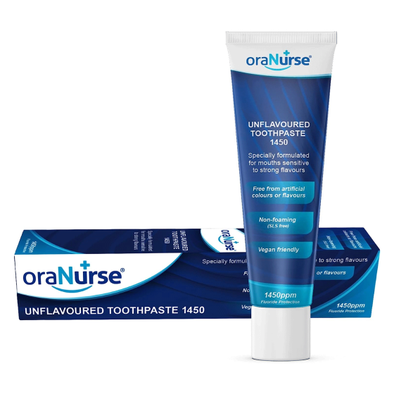 White and blue tube of oraNurse Unflavoured Toothpaste, 50ml, on a clean background.