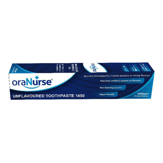 White and blue box of oraNurse Unflavoured Toothpaste, 50ml, on a clean background.