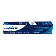 White and blue box of oraNurse Unflavoured Toothpaste, 50ml, on a clean background.