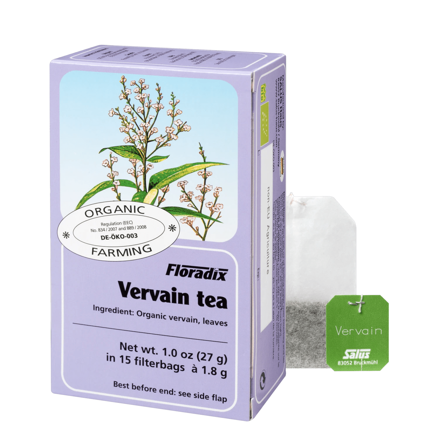 Floradix Organic Lemon Verbena Herbal Tea box, 15 teabags.