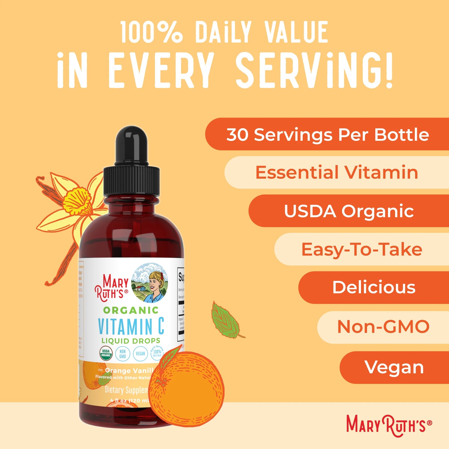 MaryRuth’s Organic Vitamin C Liquid Drops, Orange Vanilla - 120ml