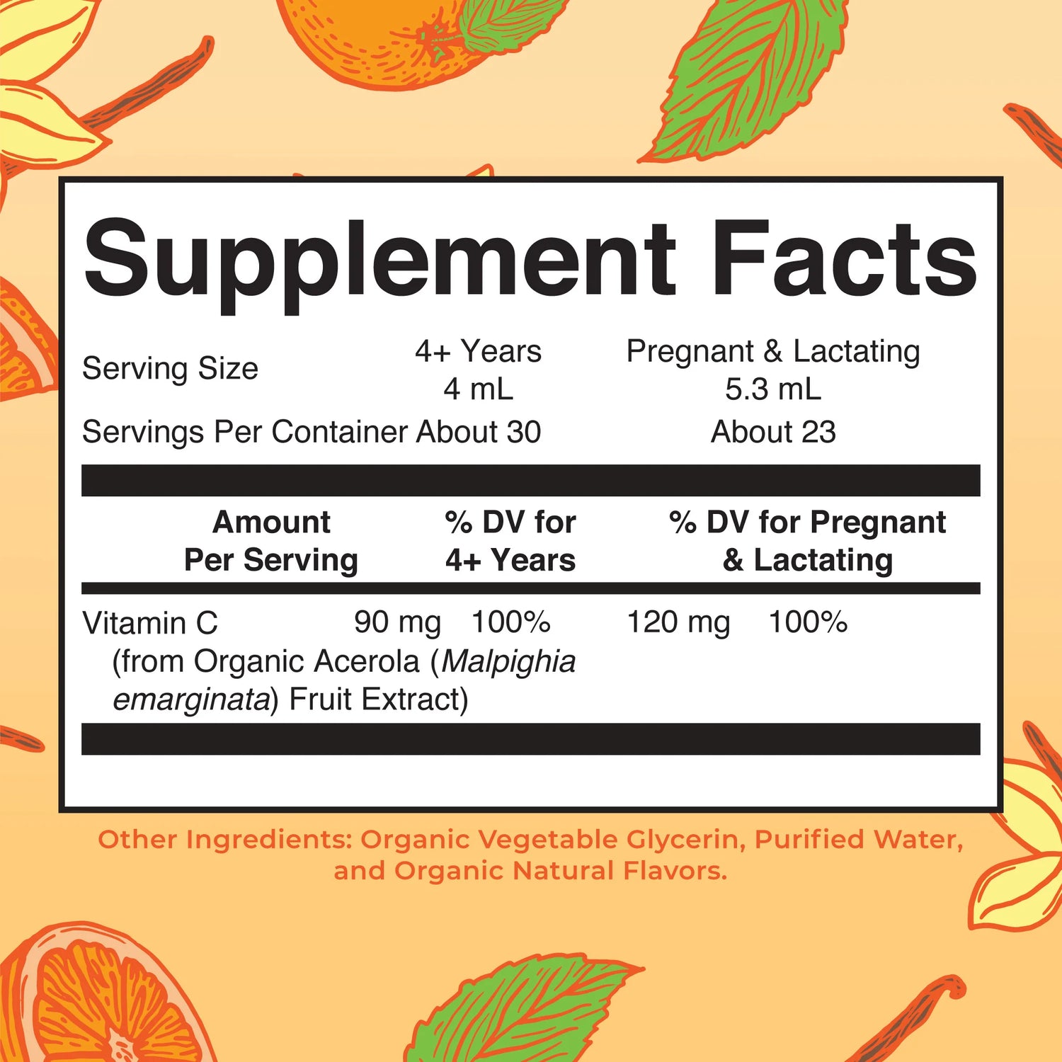MaryRuth’s Organic Vitamin C supplement facts liquid drops orange vanilla flavour 120ml quantity
