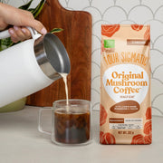 How to use
Four Sigmatic half caf ground coffee brewing instructions on white background