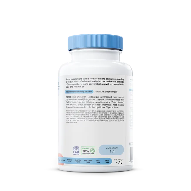 Supplement facts panel showing vitamins B5, B6 and herbal extracts.
