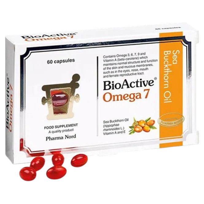 Pharma Nord BioActive Omega 7 Sea Buckthorn Oil, food supplement softgel capsule box packaging, no flavour, 60 capsules