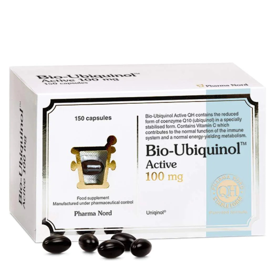 Pharma Nord Bio-Ubiquinol Active 100mg, food supplement softgel capsule box packaging, no flavour, 150 capsules