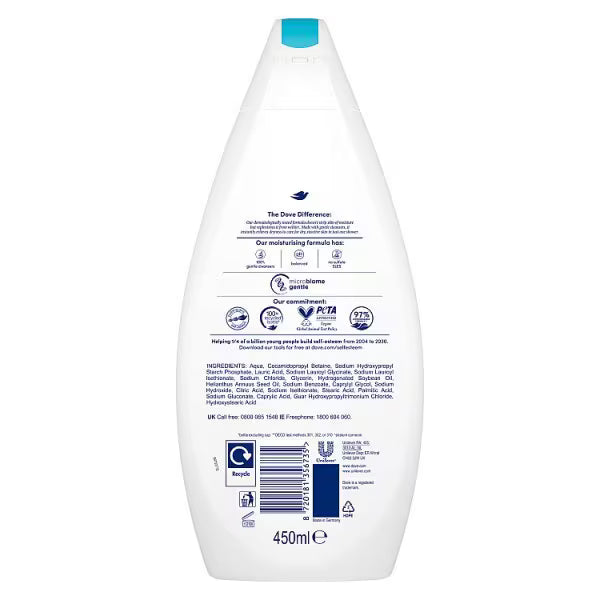 Ingredients, barcode and features of Dove Sensitive Care Body Wash.