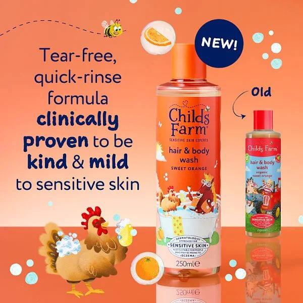 Childs Farm Hair & Body Wash, plastic bottle packaging, Sweet Orange fragrance, 250ml, children's hair and body washing use