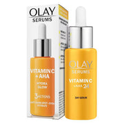 Olay Vitamin C + AHA Hydraglow Serum bottle and box, 40ml, on white background.