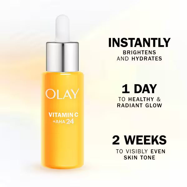 Olay Vitamin C + AHA Hydraglow Serum bottle, 40ml, on white background.