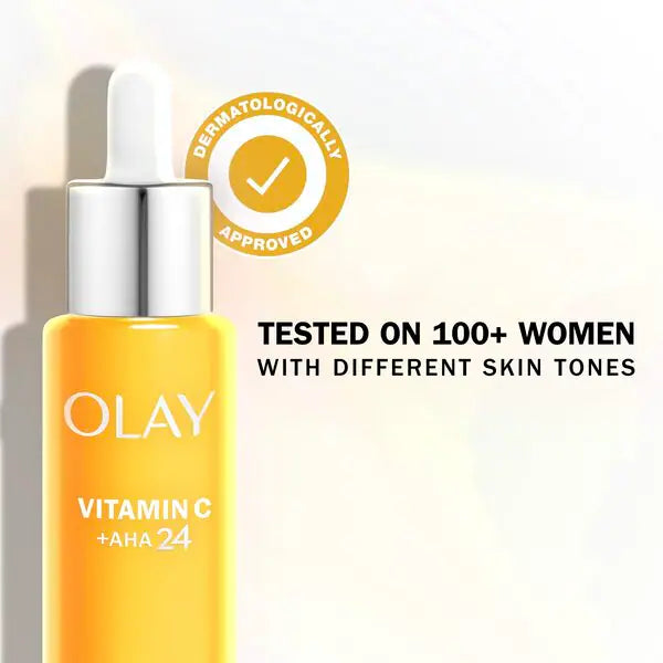 Olay Vitamin C + AHA Serum packaging showing ingredients and details.