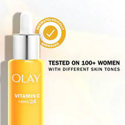 Olay Vitamin C + AHA Serum packaging showing ingredients and details.