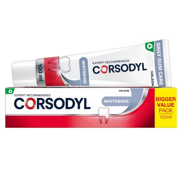 Corsodyl Whitening Toothpaste 100ml whitening fluoride toothpaste front tube & box on white background
