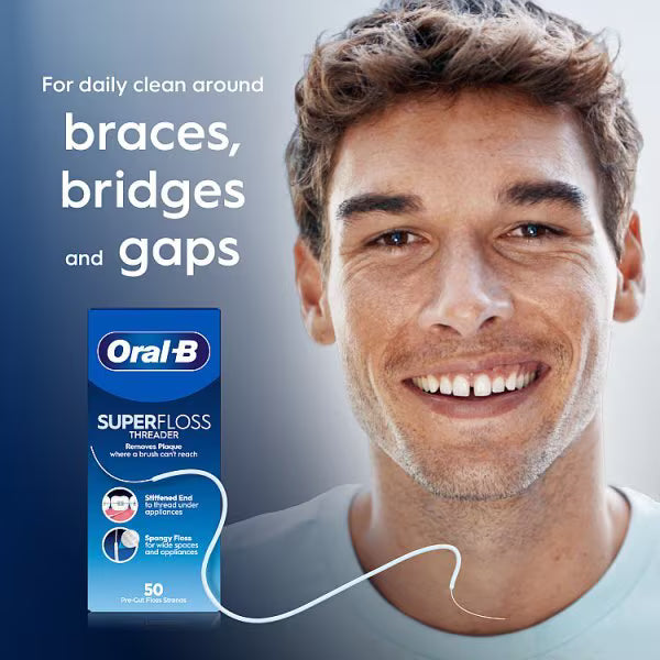 Oral-B Superfloss Threader Dental Floss 50 pre-cut strands shown for cleaning around dental appliances