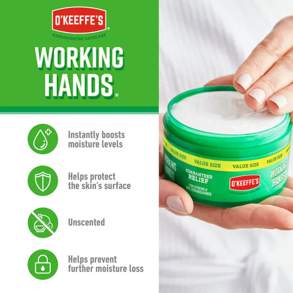 How to Use: O'Keeffe's Working Hands cream being applied to dry skin.