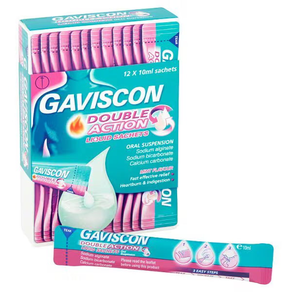 Gaviscon Double Action Mint Liquid Sachets box & sachet packaging mint flavour oral suspension 12 x 10ml front product image